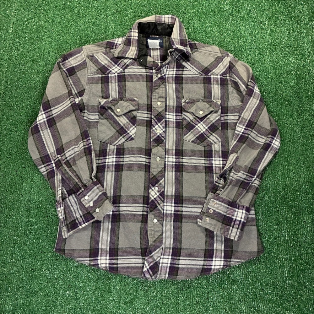 Wrangler Western Flannel Shirt Purple Grey Plaid Pearl Snap Men Large